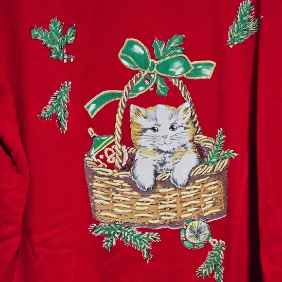 Vintage Blair Red Christmas Kitten Sweatshirt Womens Size 2X Cat Basket Graphic - Picture 3 of 5